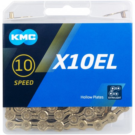 Цепь для велосипеда KMC X10EL Ti-Ni Gold (1/2"x11/128", 10 ск., 114 звеньев, EL-extra light, с замком, золотистая)