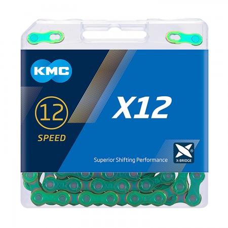 Цепь для велосипеда KMC X12 Aurora Green (11/128", 12 ск., 126 звеньев, с замком, зеленый "бензина!")