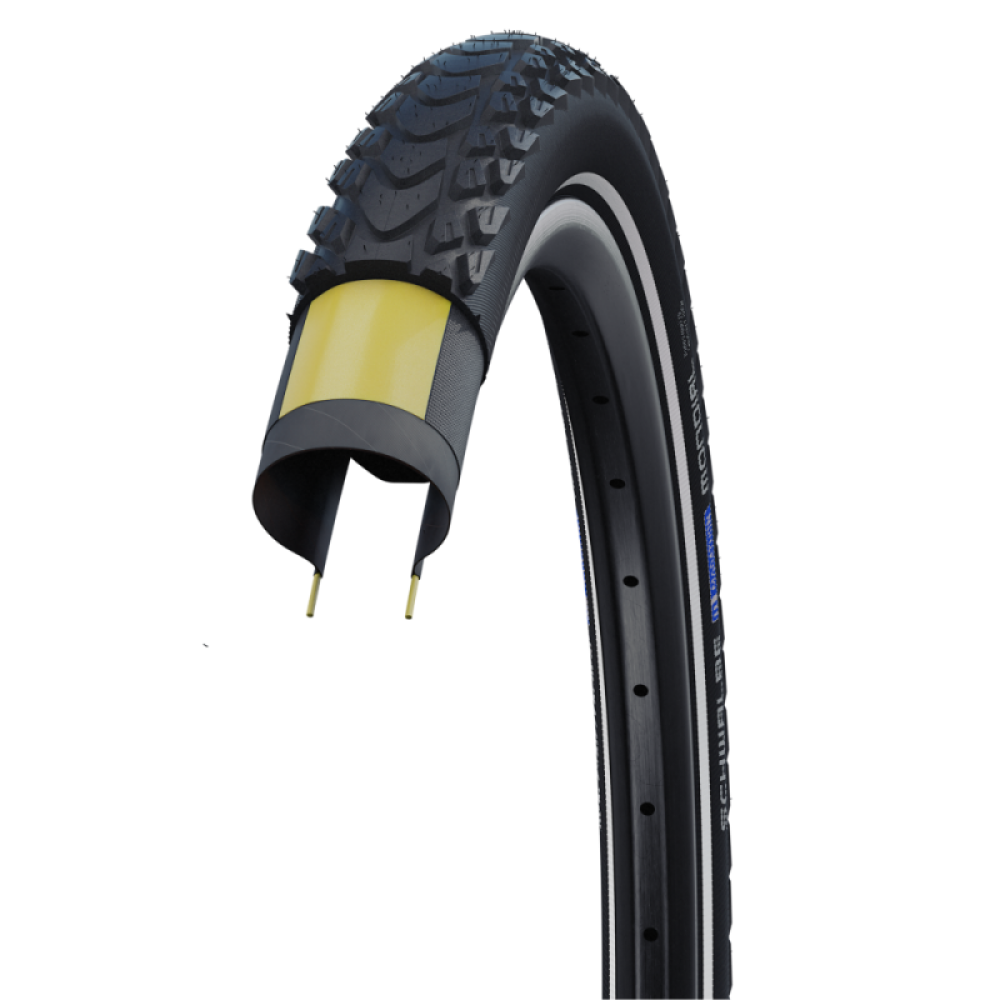 Велосипедная покрышка Schwalbe MARATHON MONDIAL 28x1.60 (42-622), RaceGuard (чёрный, светоотражающая полоса)