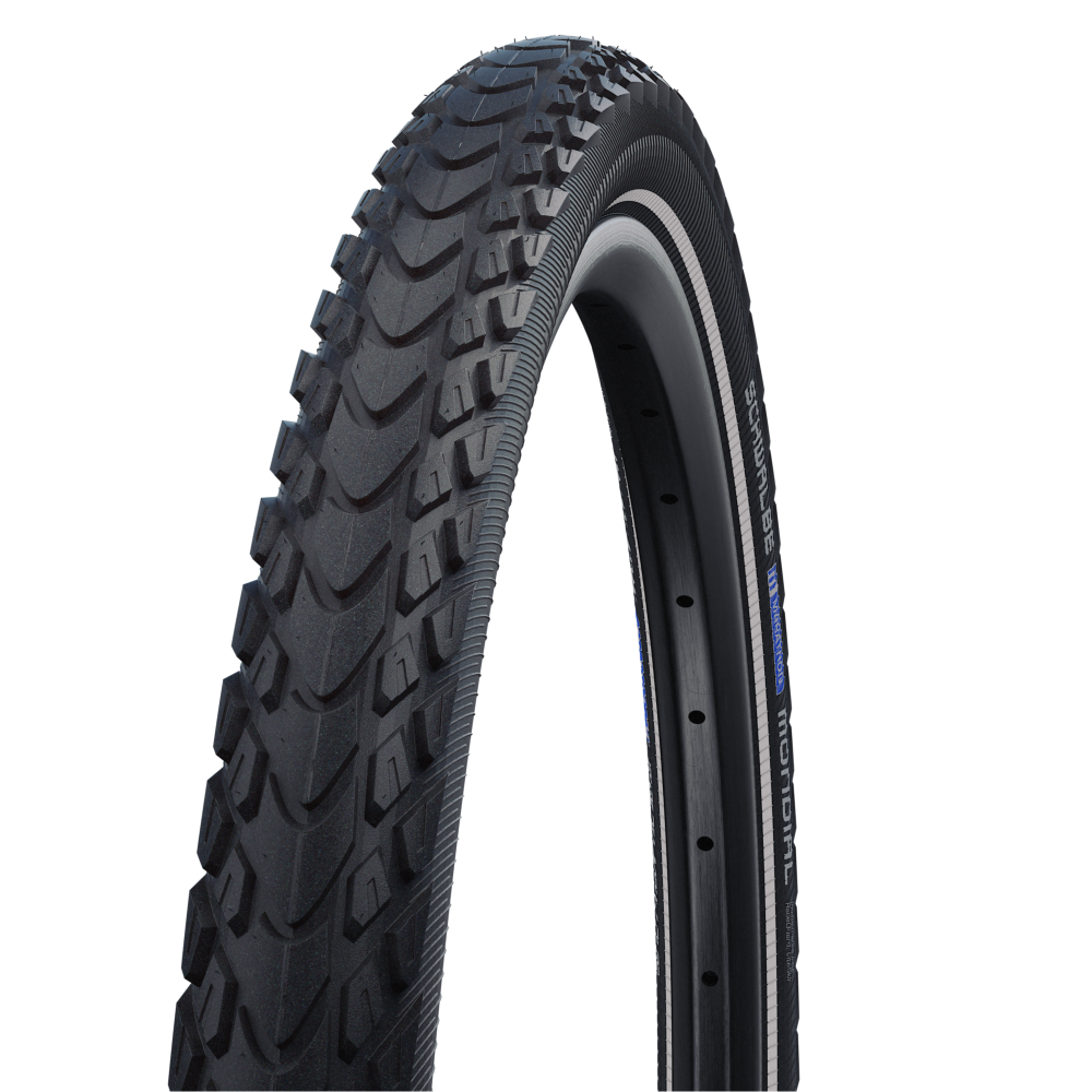 Велосипедная покрышка Schwalbe MARATHON MONDIAL 28x1.60 (42-622), RaceGuard (чёрный, светоотражающая полоса)