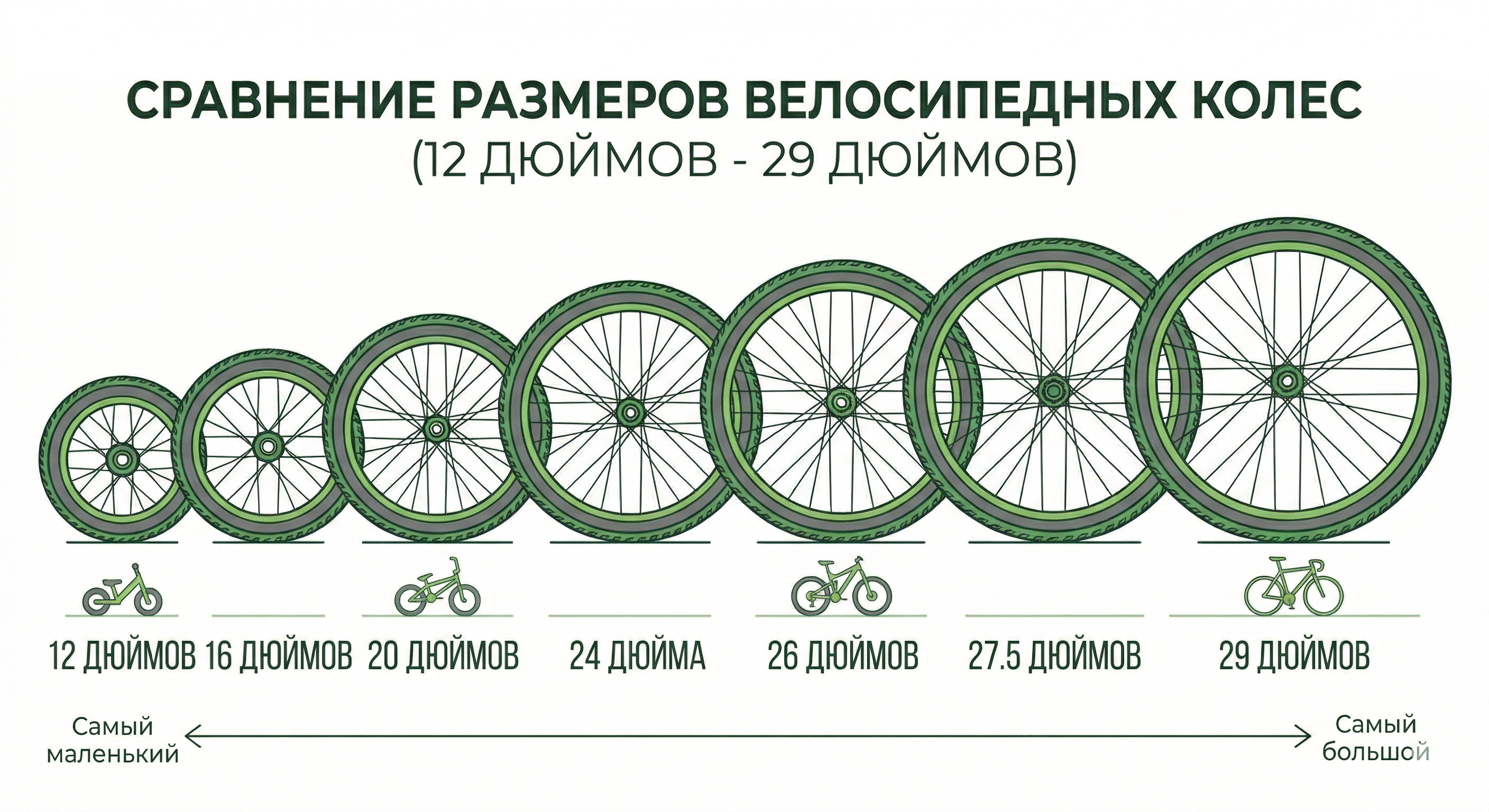 Сравнение размеров колёс велосипеда от 12 до 29 дюймов
